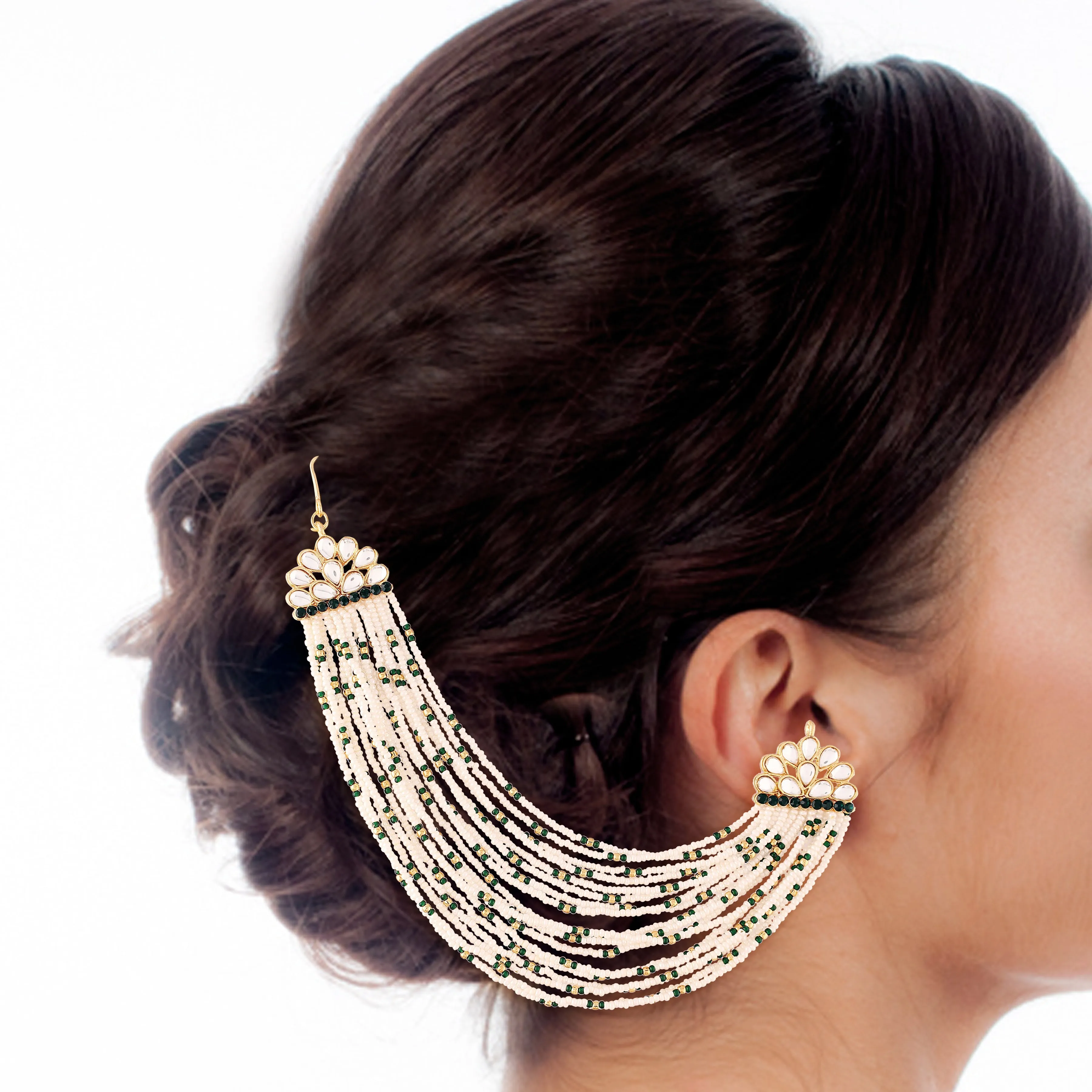 18K Gold Plated Multi Strand Earring with Ear Chain Embellished With Pearl For Women/Girls