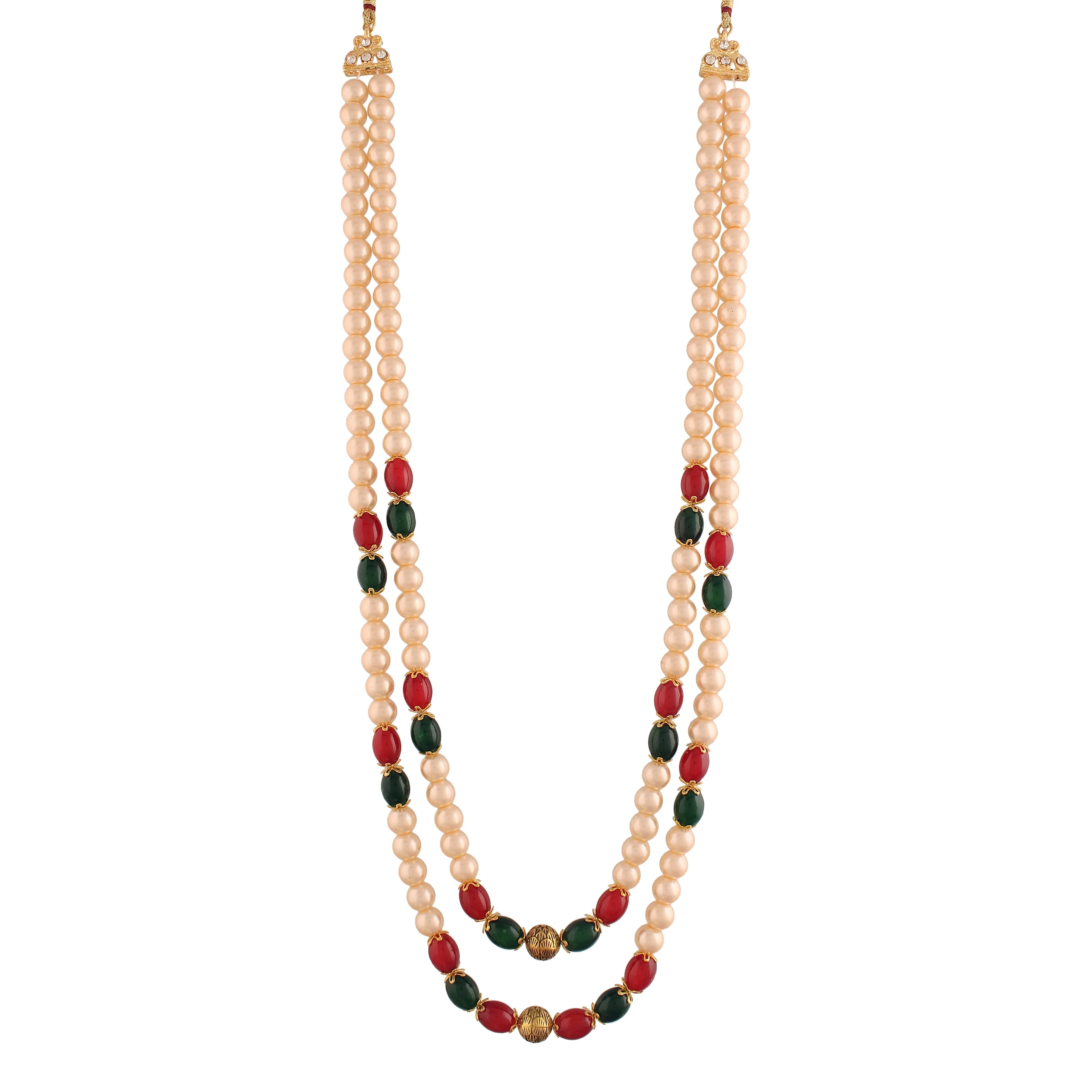 2 Layered Traditional Gold Plated Dulha Moti Mala with Beads Maharaja Haar/Groom Long Necklace For Men