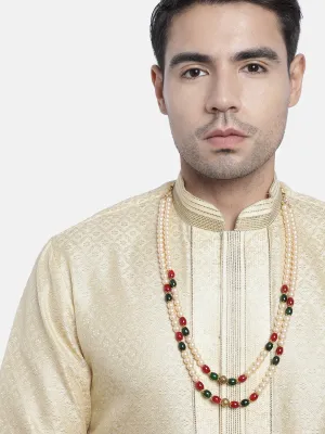 2 Layered Traditional Gold Plated Dulha Moti Mala with Beads Maharaja Haar/Groom Long Necklace For Men