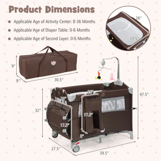 5-in-1  Portable Baby Beside Sleeper Bassinet Crib Playard with Diaper Changer-Brown