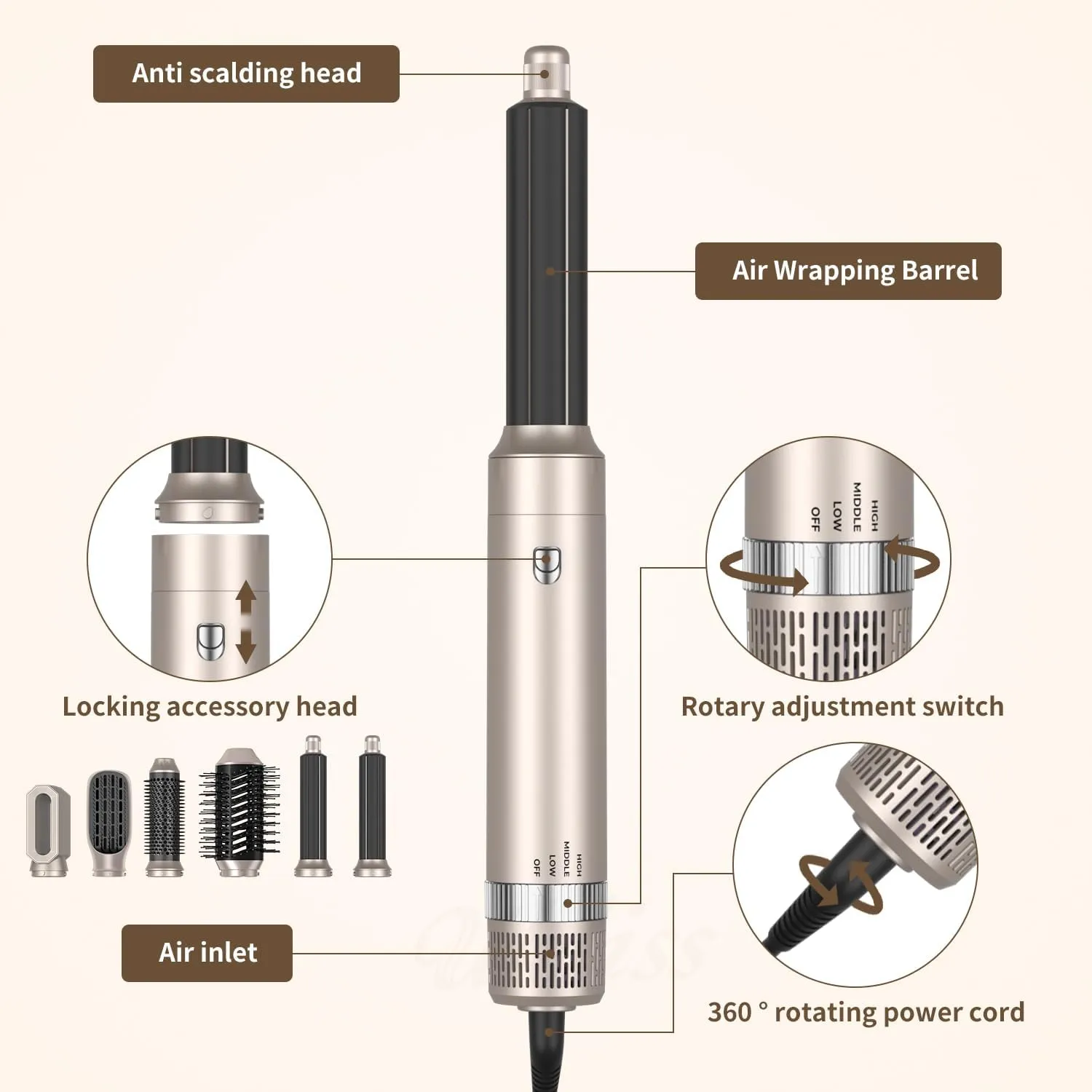 6 in 1 Gold Air Styler Hot Air Brush Hair Dryer Straightener & Magic Styler