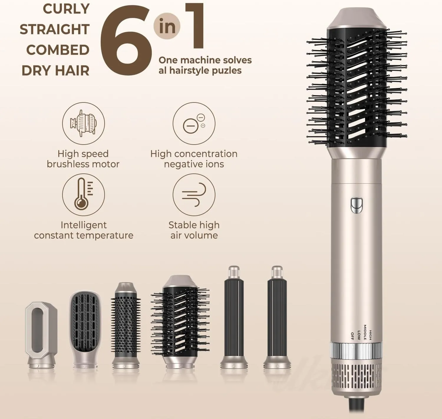 6 in 1 Gold Air Styler Hot Air Brush Hair Dryer Straightener & Magic Styler