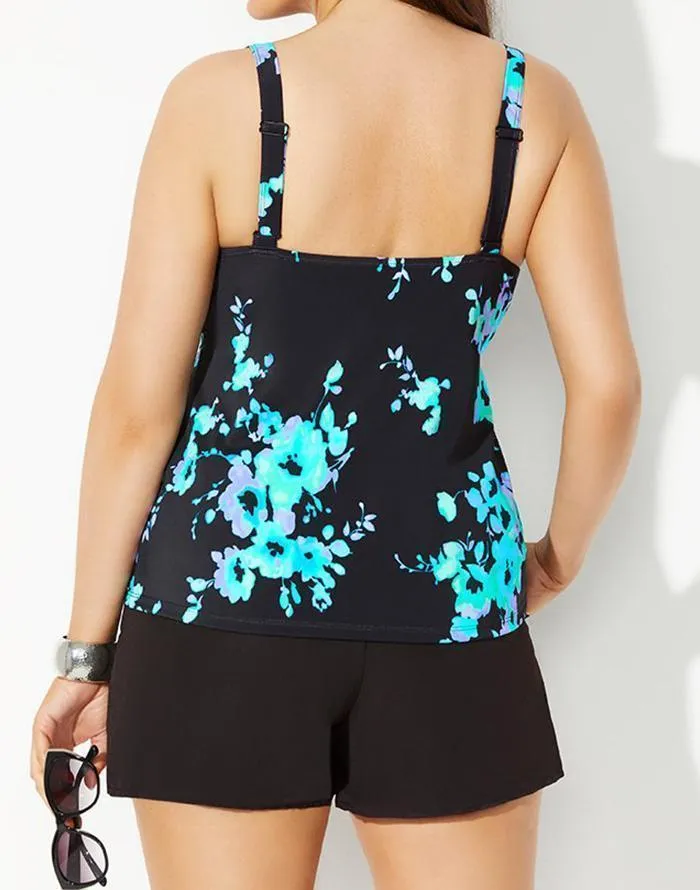 Blue Poppies Flared Tankini with Cargo Swim Short