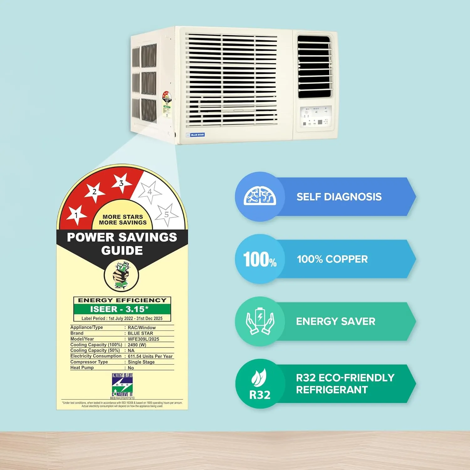Blue Star WFE309L 0.8 Ton 3 Star Fixed Speed Window AC (Copper, Turbo Cool, Fan Modes-Auto/High/Medium/Low, Hydrophilic Blue Fins, Dust Filters, Self-Diagnosis, White)