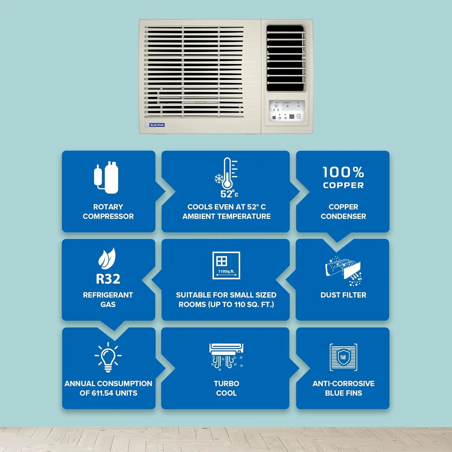 Blue Star WFE309L 0.8 Ton 3 Star Fixed Speed Window AC (Copper, Turbo Cool, Fan Modes-Auto/High/Medium/Low, Hydrophilic Blue Fins, Dust Filters, Self-Diagnosis, White)