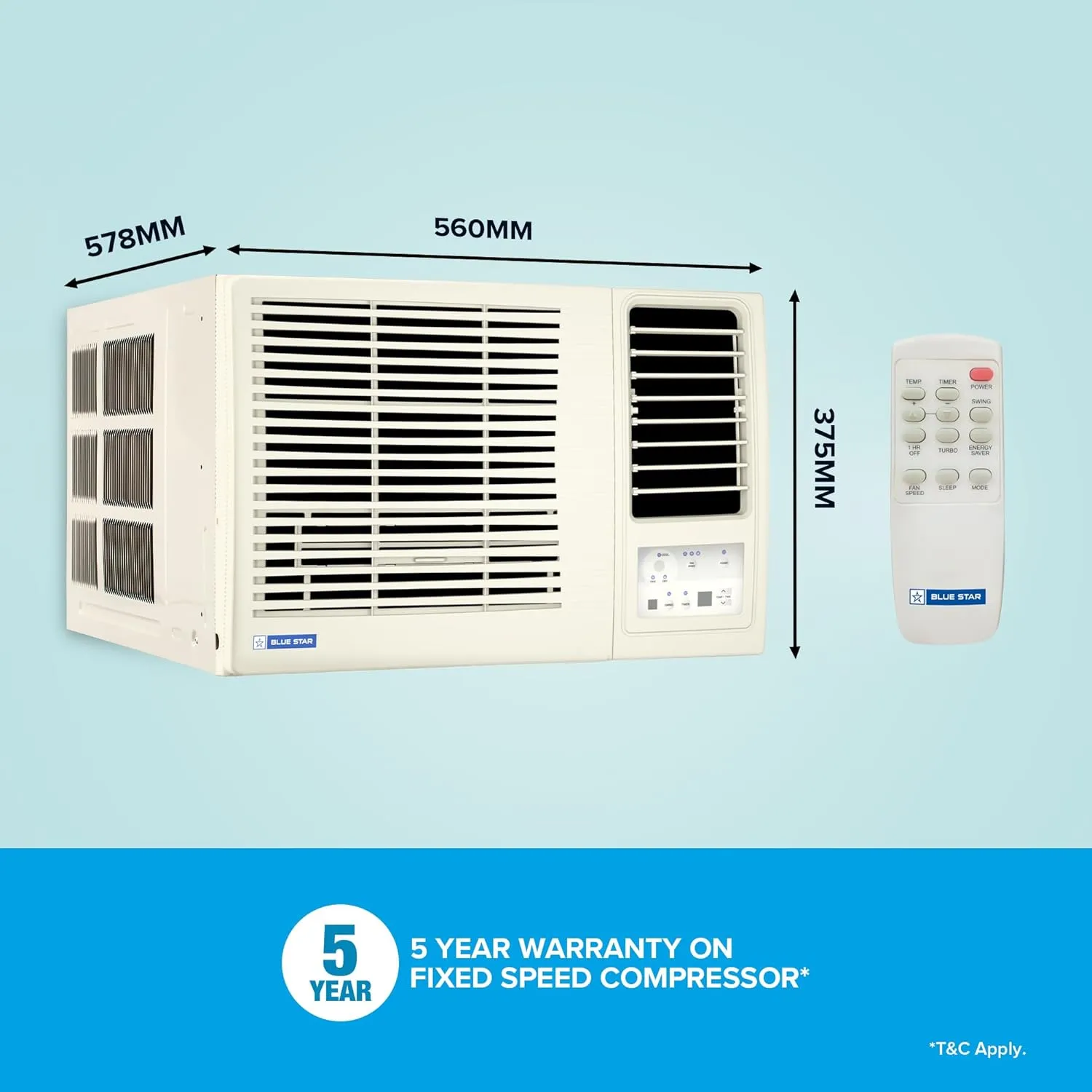 Blue Star WFE309L 0.8 Ton 3 Star Fixed Speed Window AC (Copper, Turbo Cool, Fan Modes-Auto/High/Medium/Low, Hydrophilic Blue Fins, Dust Filters, Self-Diagnosis, White)