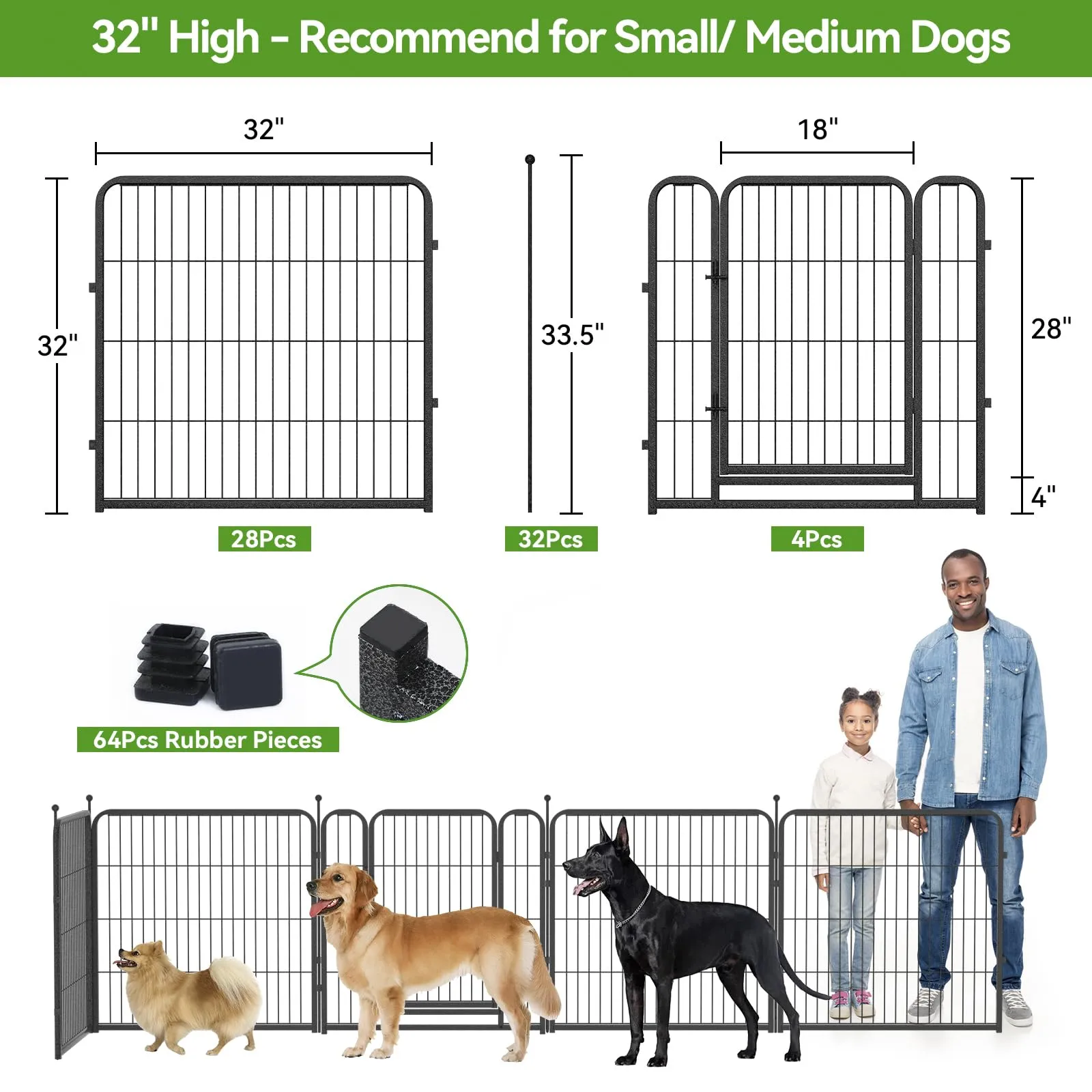 Dog Playpen Outdoor 16 Panels Heavy Duty Dog Pen 32" Height Puppy Playpen Indoor Anti-Rust Exercise Fence with Doors