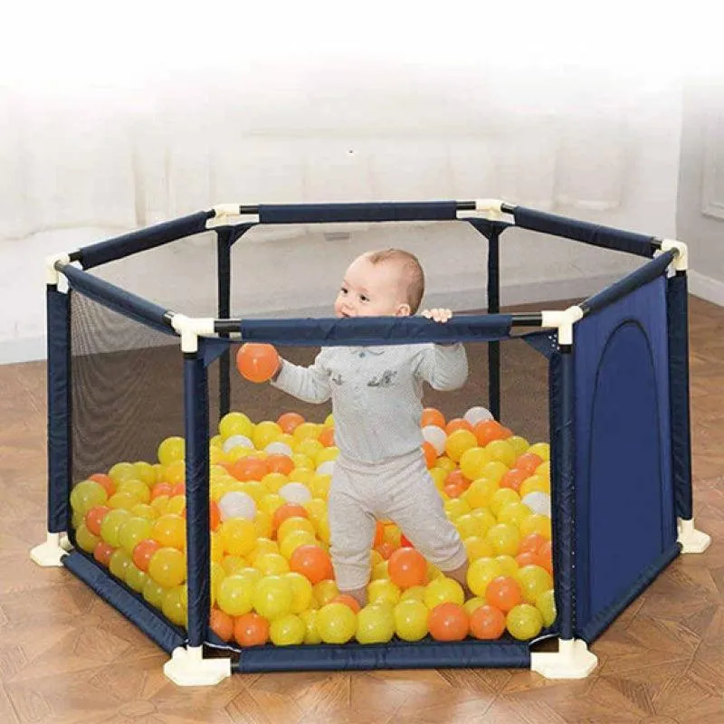Dreeba Spacious and Portable Hexagonal Baby Playpen with Safe Fence and Full View for Mom Includes Crawling Mat,20 Colorful Balls,Basketball Hoop and 2 Pull Rings for Different Activities and Fun Play All Day Long, 130x113x65cm, JN-160