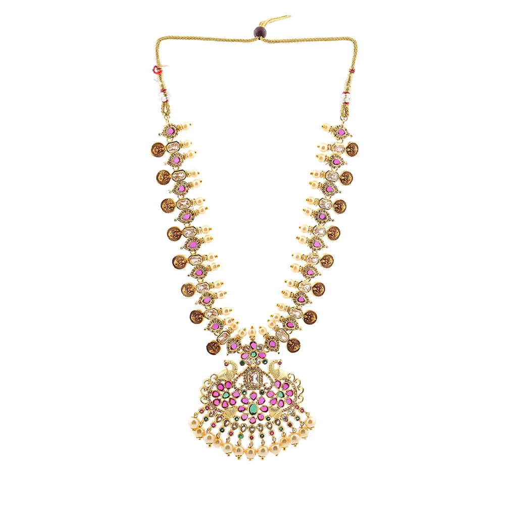 Estele Gold Plated CZ Peacock with Coins Designer Bridal Short & Long Necklace set with color stones & Pearls for Women