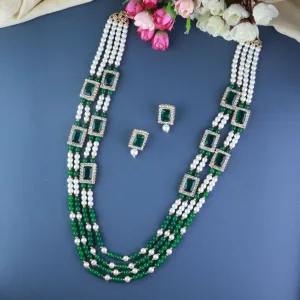 Gold Plated Traditional Stone Studded Multi Strand Long Pearl Necklace Jewellery With Stud Earrings Set For Women/Girls