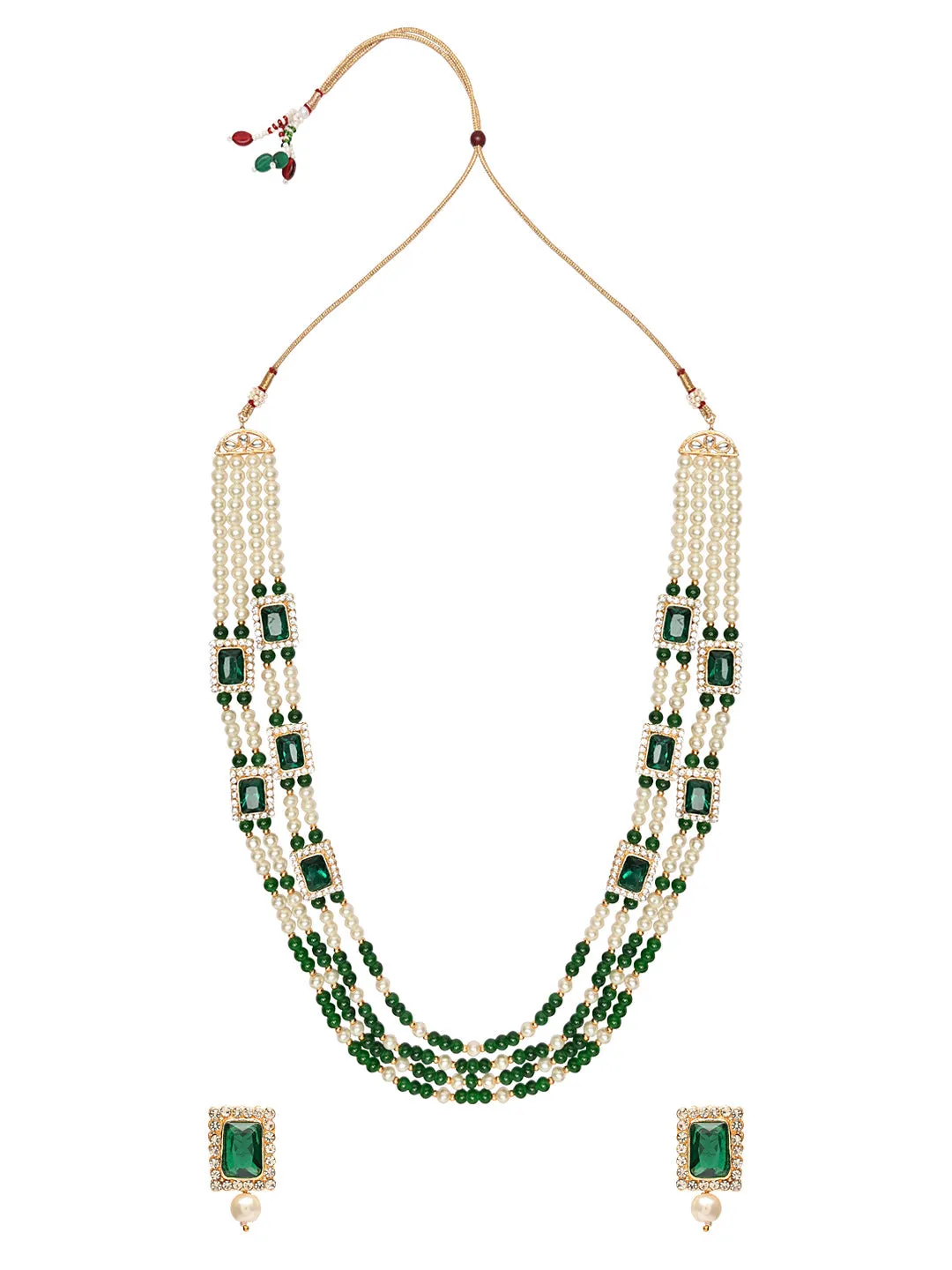 Gold Plated Traditional Stone Studded Multi Strand Long Pearl Necklace Jewellery With Stud Earrings Set For Women/Girls