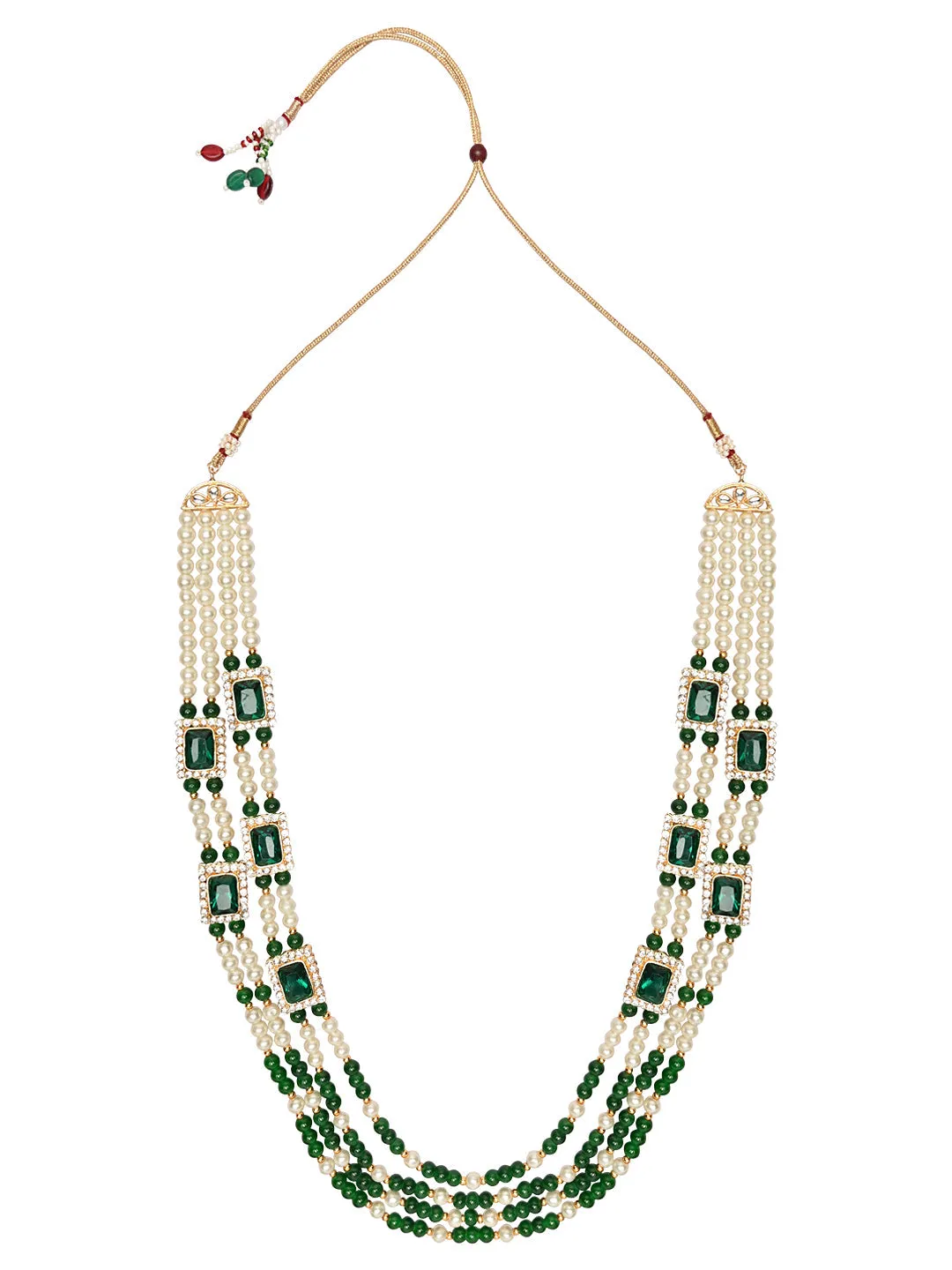 Gold Plated Traditional Stone Studded Multi Strand Long Pearl Necklace Jewellery With Stud Earrings Set For Women/Girls