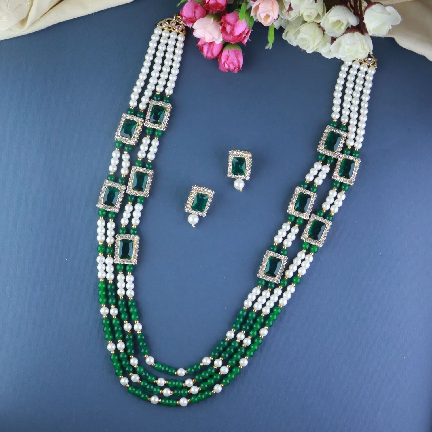 Gold Plated Traditional Stone Studded Multi Strand Long Pearl Necklace Jewellery With Stud Earrings Set For Women/Girls