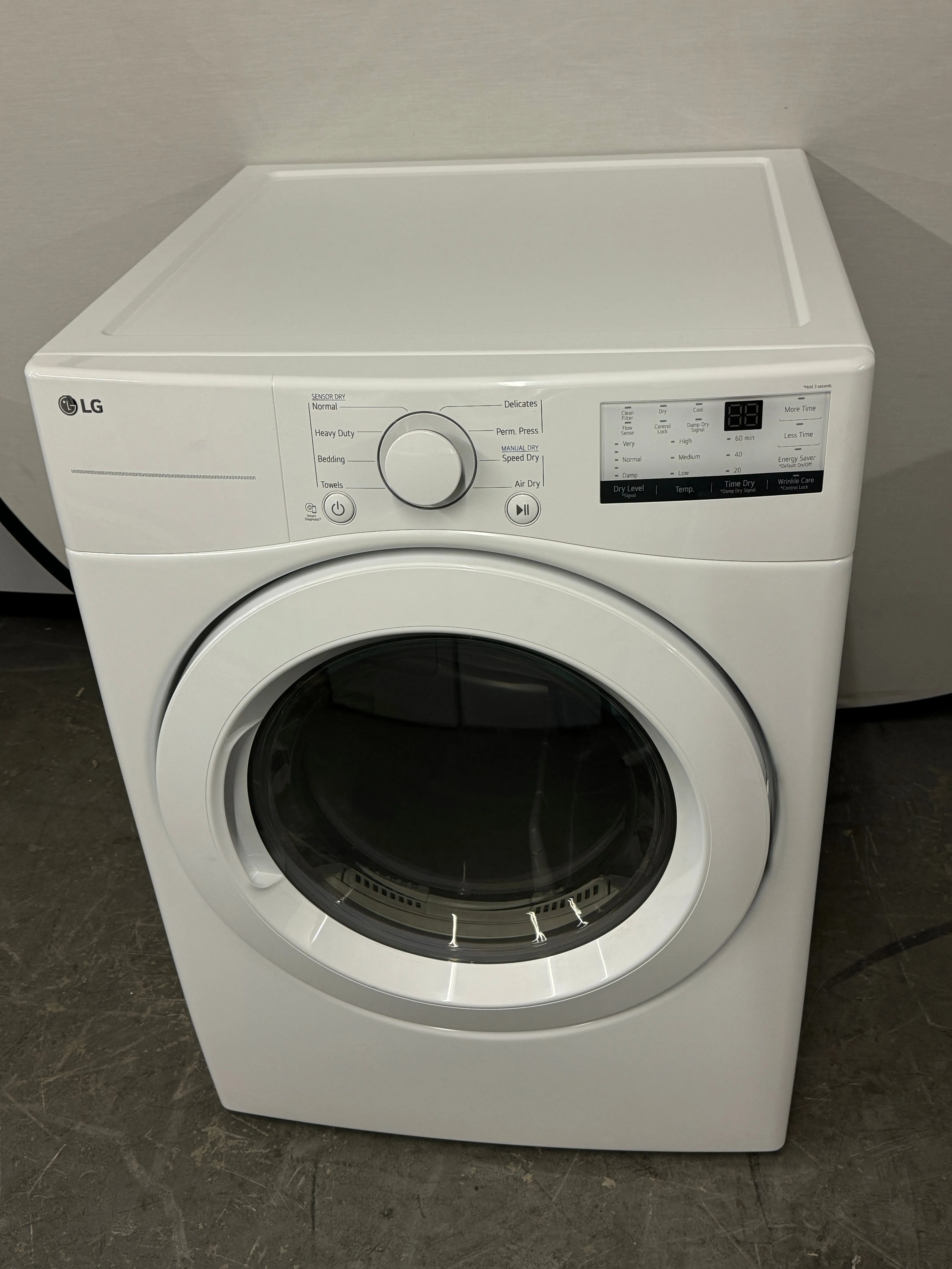 LG DLG3401W 27 Inch Gas Dryer with 7.4 Cu. Ft. Capacity, 8 Dryer Programs, Sensor Dry, FlowSense™ Indicator, Dial-A-Cycle™, LoDecibel™ Operation, SmartDiagnosis™, and Energy Star Certified: White