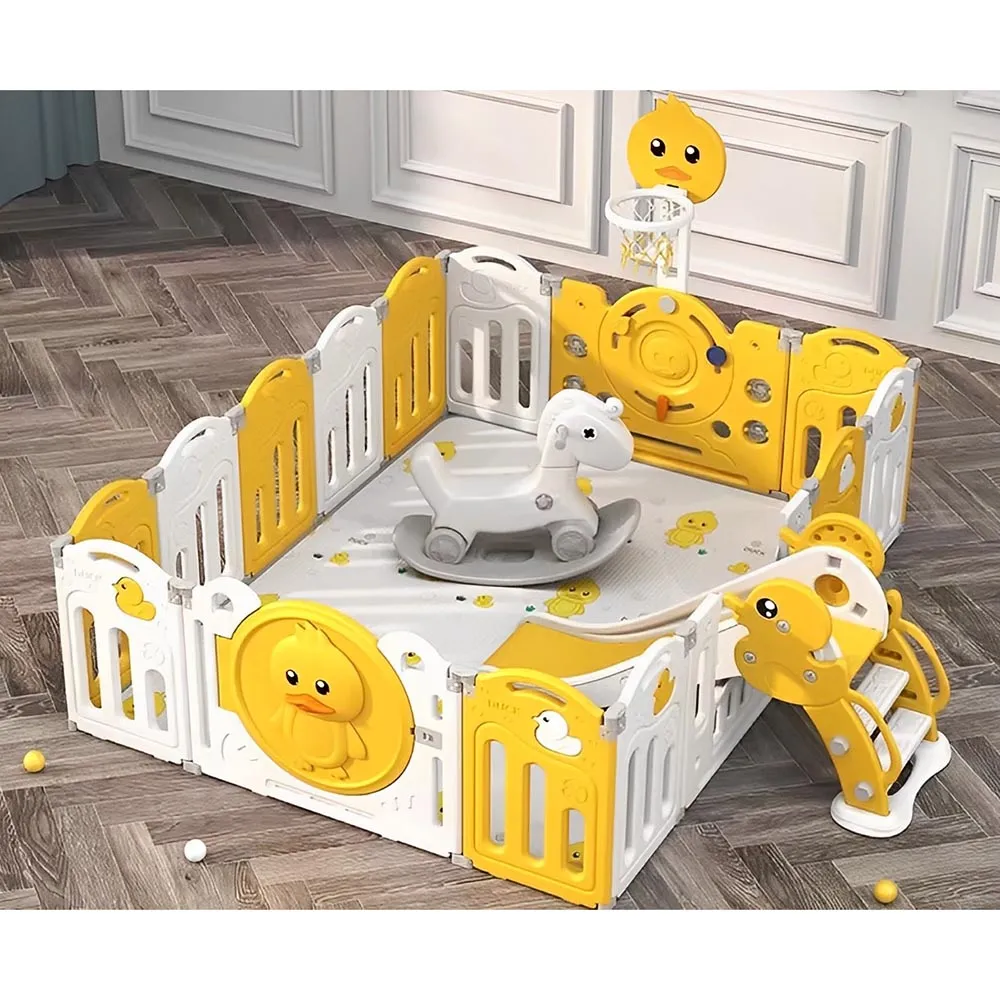 Playpen With Multifunctional Activity - Yellow, Foldable Portable Toddler Indoor Folding Plastic Square Play Yard Firmly Safety Fence Large Baby Kids Playpens for Children