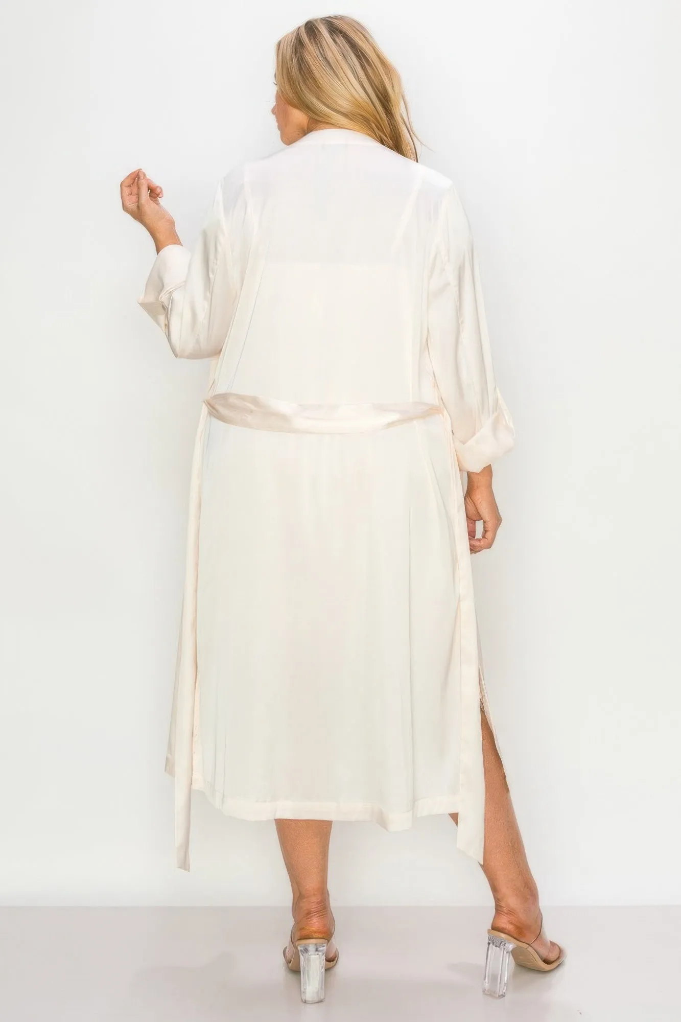 Satin Strap Dress With Self Belt Coat Set