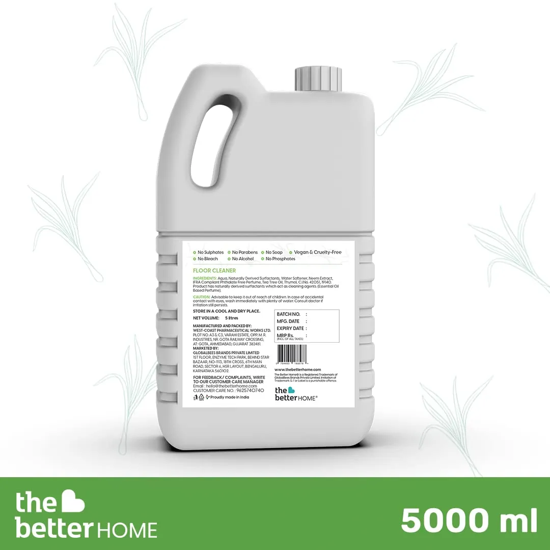 The Better Home Family Safe Floor Cleaner Liquid 5 Litre | Non Toxic, Baby Safe & Pet Safe | Biodegradable & Eco Friendly | Natural Bio Active Dirt & Germ Removal | with Lemongrass and Neem |